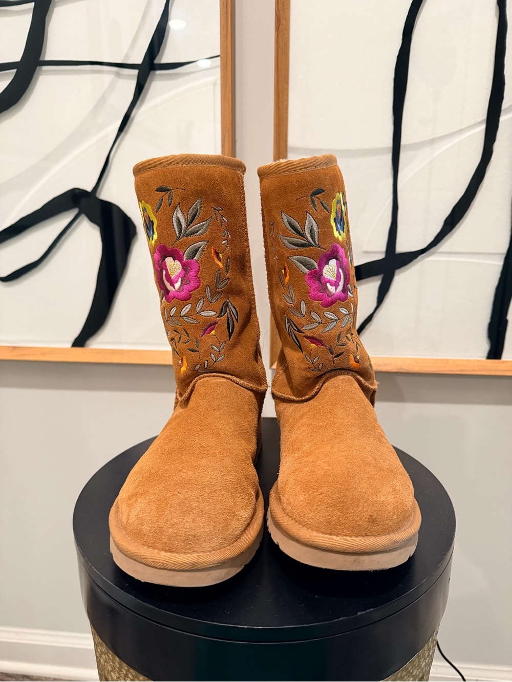 UGG Tan Suede Mid-Calf Boots with Pink Floral Embroidery